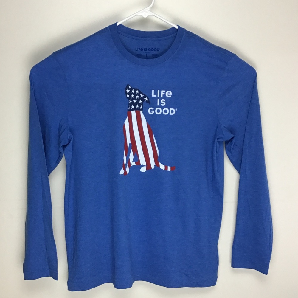 Life Is Good patriotic dog graphic long sleeve tee shirt L
